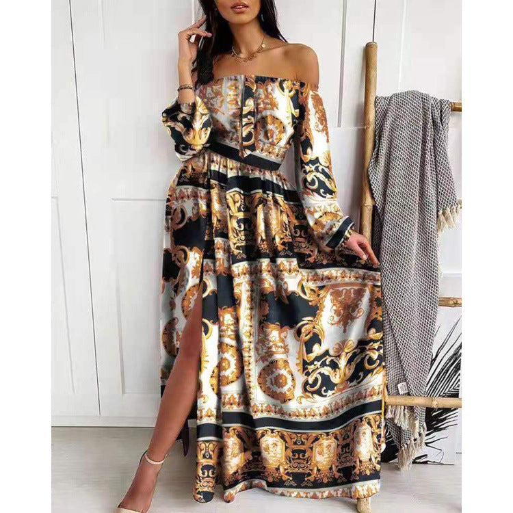 Damen Maxikleid Offene Schulter Barockmuster Norvielle