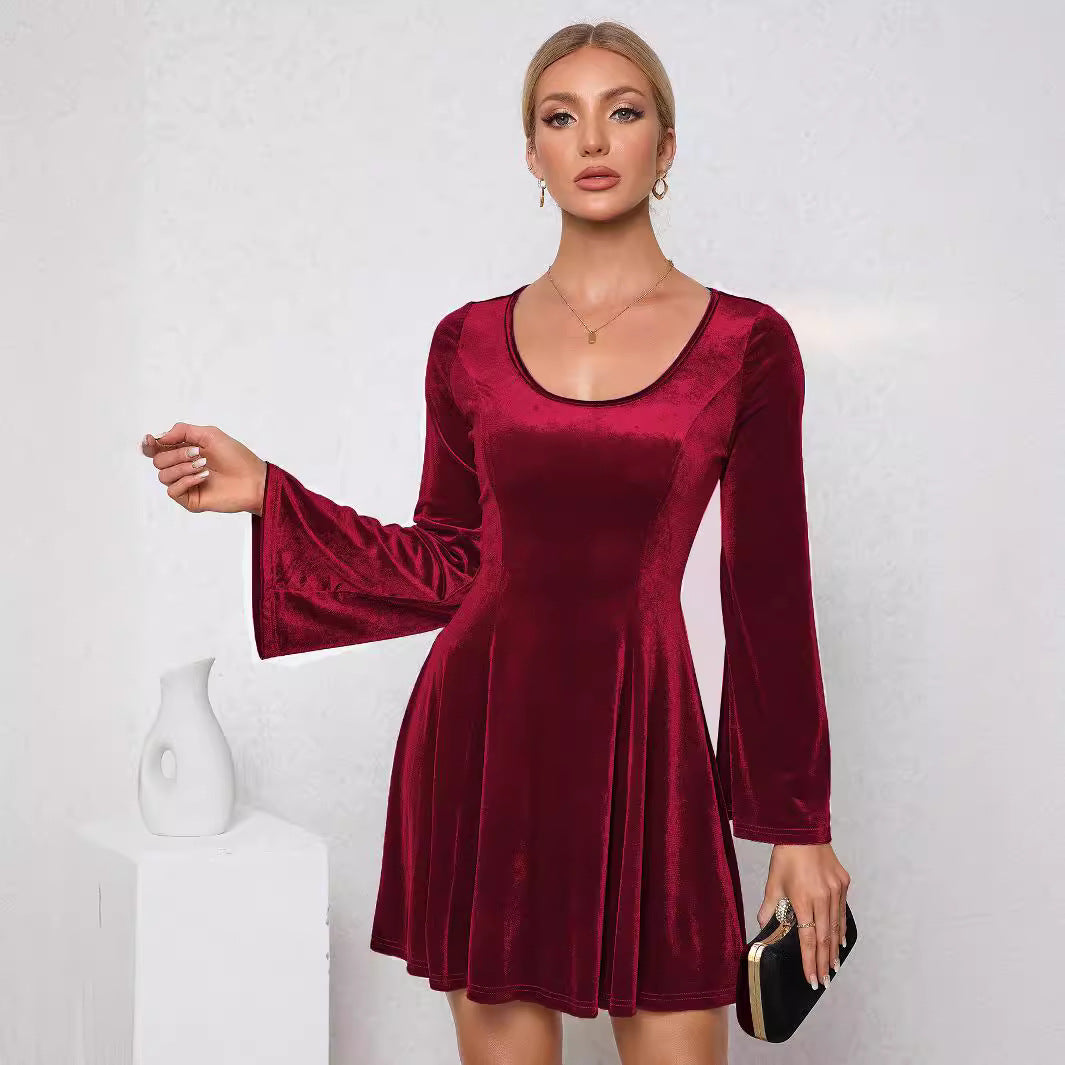 Damen Minikleid aus Samt mit weitem Ärmel und Rundhalsausschnitt