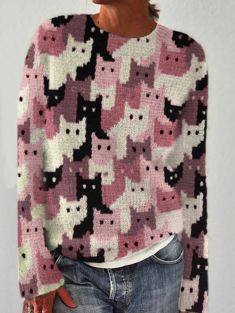 Damen Strickpullover Katzenmuster Norvielle