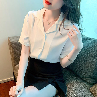 Damen Bluse Kurzarm Klassischer Kragen Elegante Knöpfe Norvielle