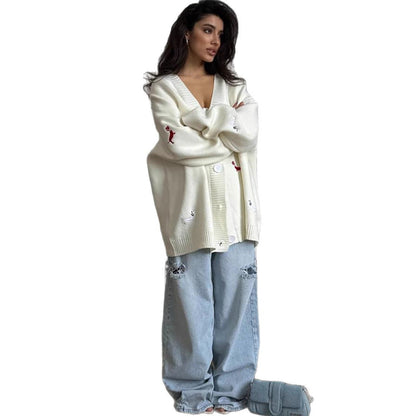 Damen Strickcardigan Groß Tierapplikationen Norvielle