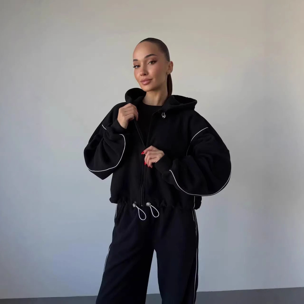 Damen Sweatanzug Kapuzenpullover Weite Hose Seitenstreifen Norvielle