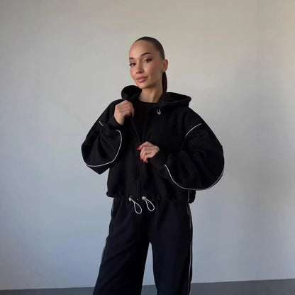 Damen Sweatanzug Kapuzenpullover Weite Hose Seitenstreifen Norvielle