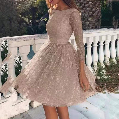 Damen Tüllkleid Langärmlig Glitzernd