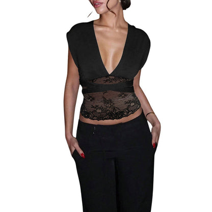 Damen Oberteil V-Ausschnitt Spitze Elegant