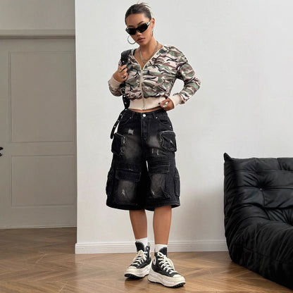Damen Kurzjacke Camouflage Stil Kapuzenjacke Modern