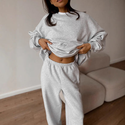 Damen Sweatshirt-Hosen-Set Elastischer Bund Bequem Grau
