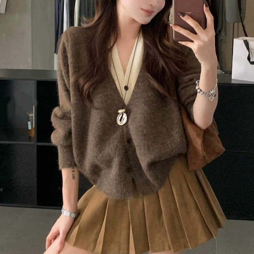Damen Strickjacke Weiches Material V-Ausschnitt Beige