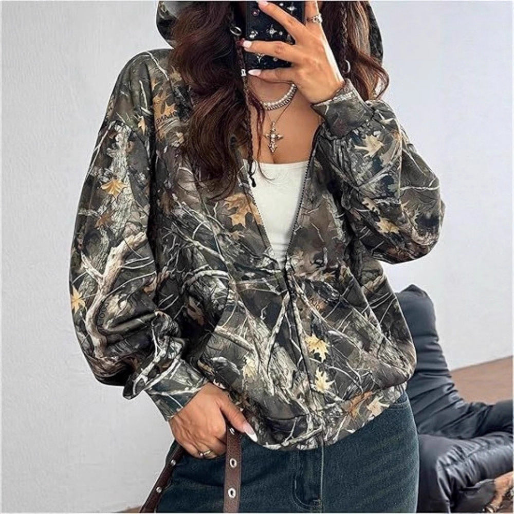 Damen Kapuzenjacke Camouflage Muster Locker Passform Norvielle - Norvielle