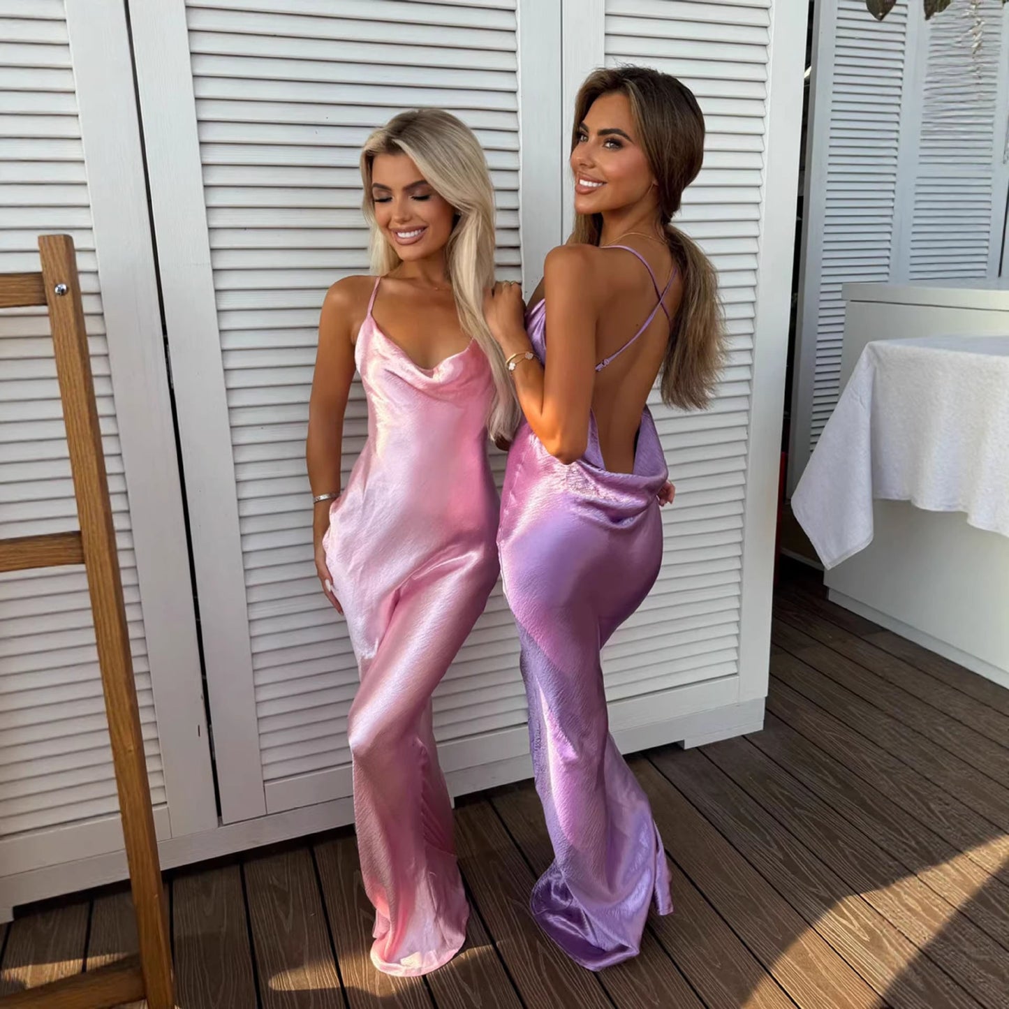 Damen Abendkleid Satin Spaghettiträger Schimmernd