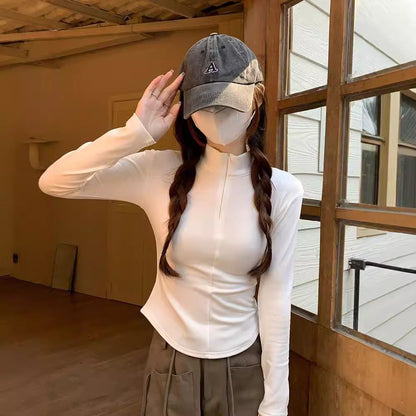 Damen Langärmliges Oberteil Moderner Kragen Slim Fit