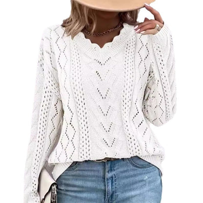 Damen Strickpullover V-Ausschnitt Netzstruktur Norvielle