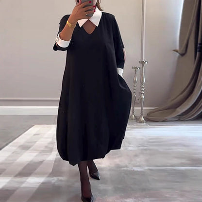 Damen Oversized Hemdkleid V-Ausschnitt Eleganter Kragen Schwarz - Norvielle