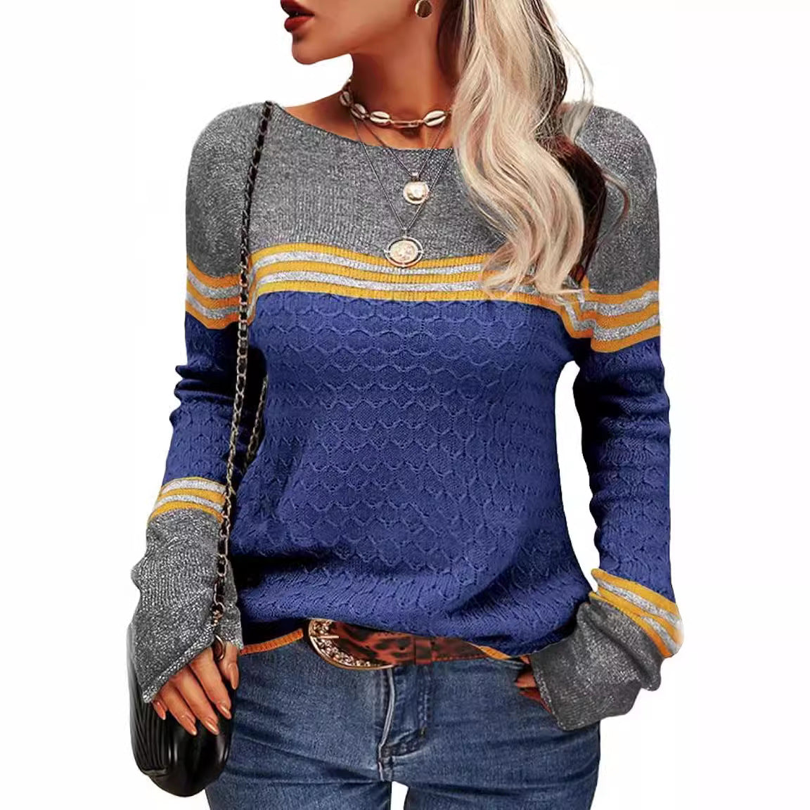 Damen Strickpullover Kontrastfarben Einzigartige Textur Norvielle