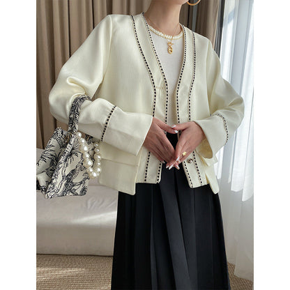 Damen Cardigan Elegantes Design Kontrastdetails Beige - Norvielle