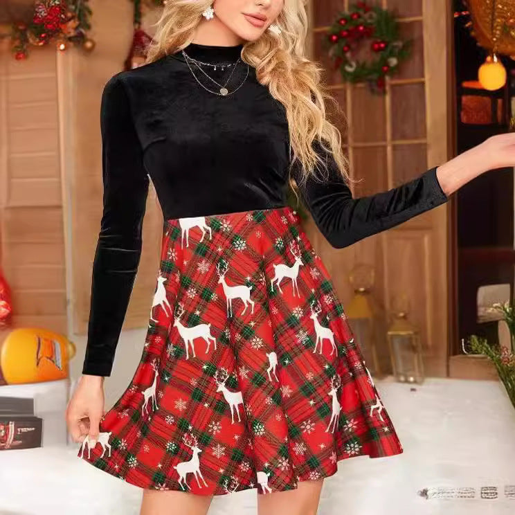 Damen Karo-Kleid Hochgeschlossen Fließender Rock Norvielle