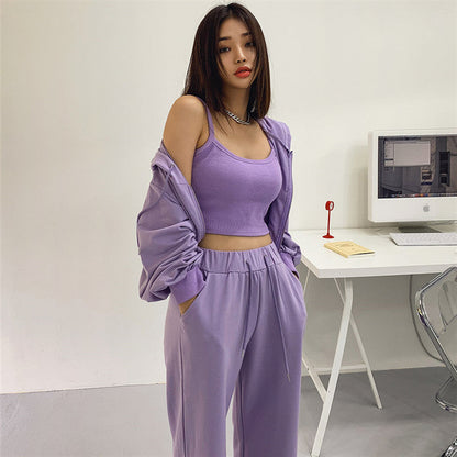 Damen Drei-Teiliges Set Cropped Hoodie Tanktop Weite Hosen
