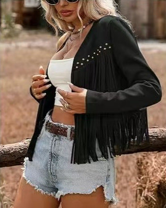 Damen Fransenjacke Dekorative Nieten Leder