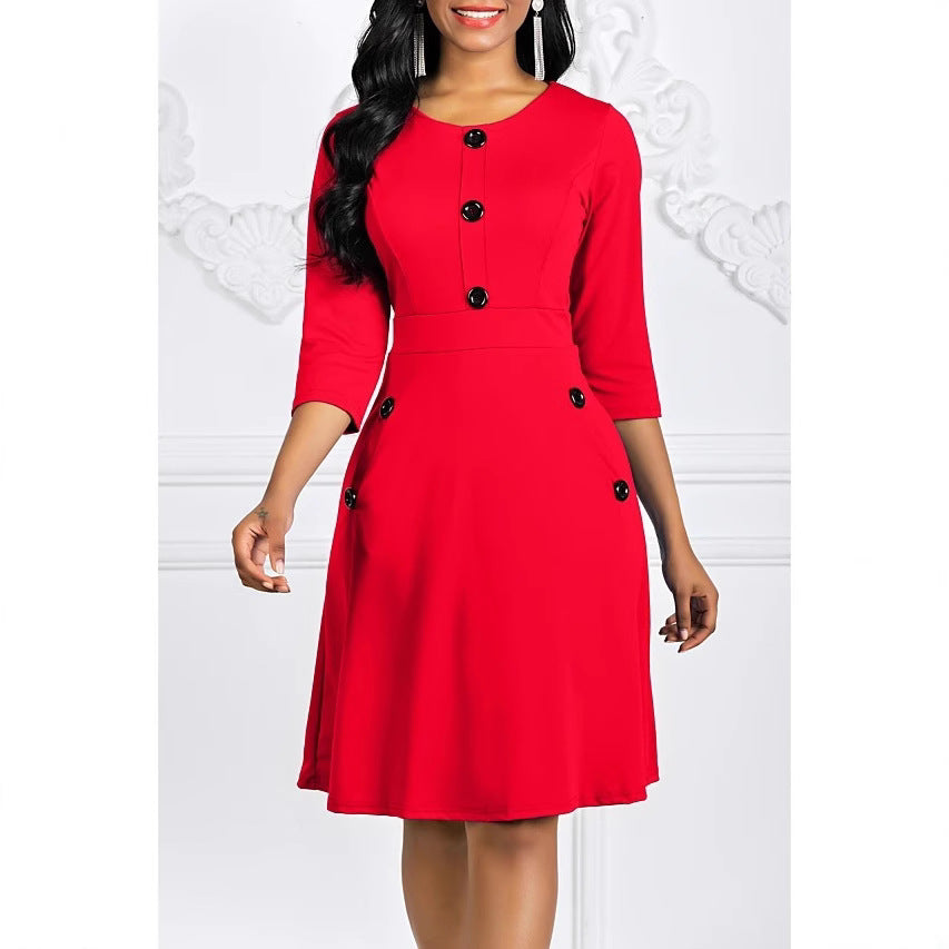 Damen Knieumspielendes Kleid mit Schmuckknöpfen 3/4-Ärmel