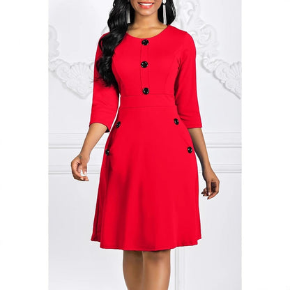 Damen Knieumspielendes Kleid mit Schmuckknöpfen 3/4-Ärmel