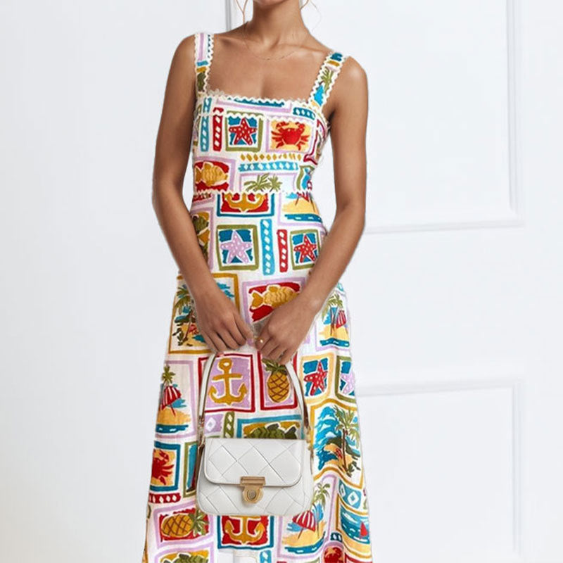 Damen Maxikleid Bunt Print Schmale Träger