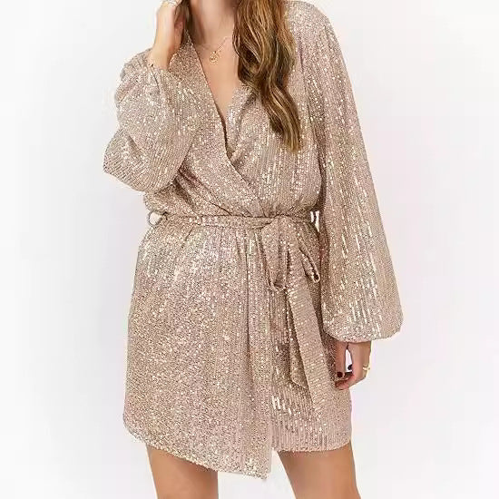 Damen Minikleid Glitzernd V-Ausschnitt Weite Ärmel Norvielle