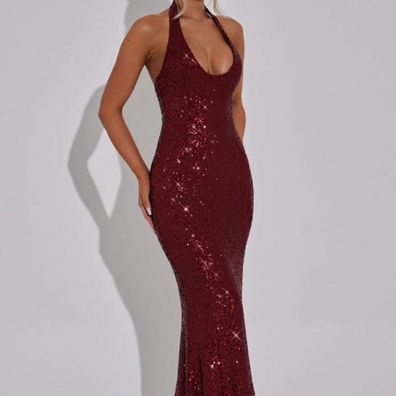 Damen Maxi-Kleid Pailletten V-Ausschnitt schmal Norvielle