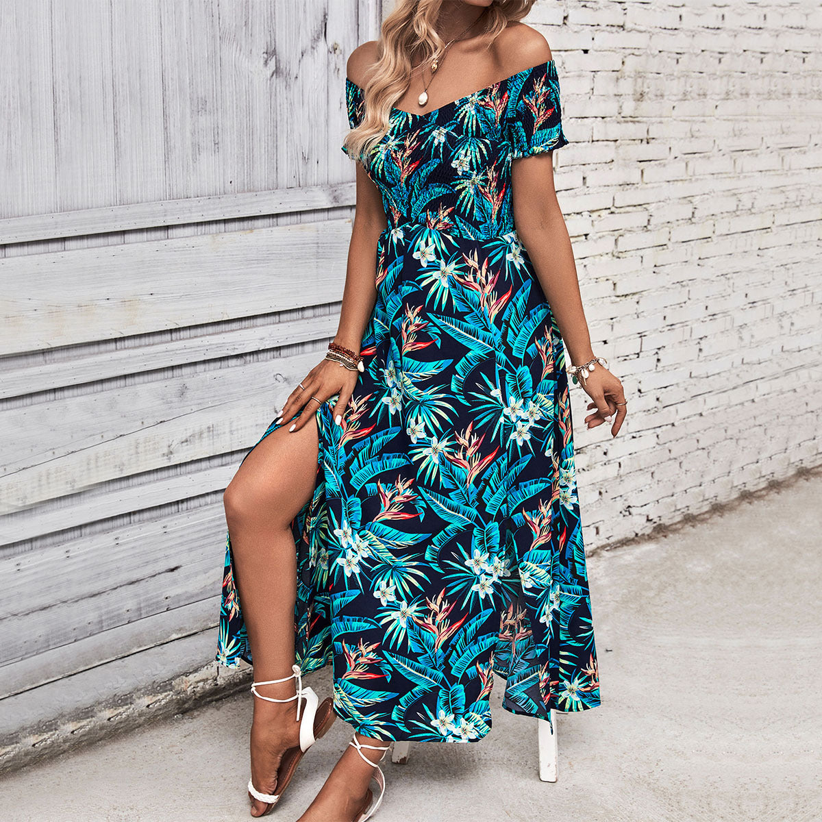 Damen Maxikleid Schulterfrei Floraler Druck Norvielle