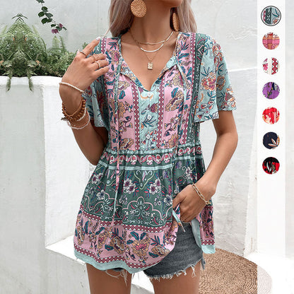 Damen Tunika Boho-Stil Floralmuster Luftige Ärmel Norvielle - Norvielle
