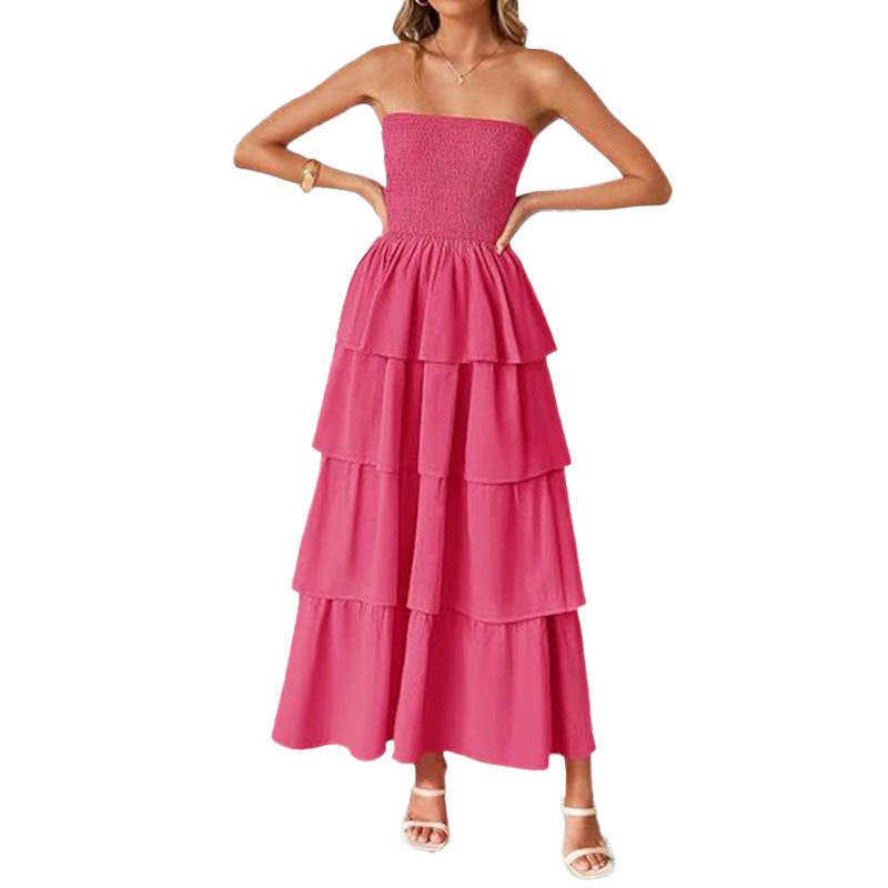 Damen Maxikleid Schulterfrei Voluminöser Stufenrock Norvielle