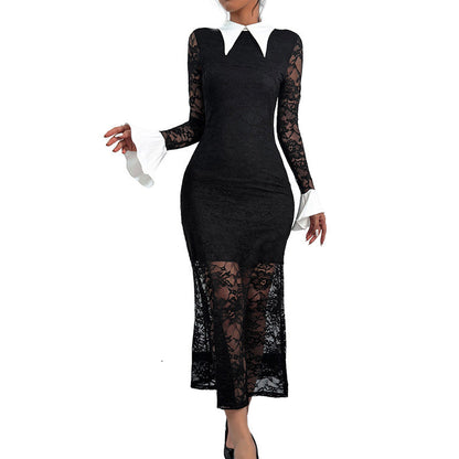 Damen Spitzenkleid Dekorativer Kragen Transparent Ärmel