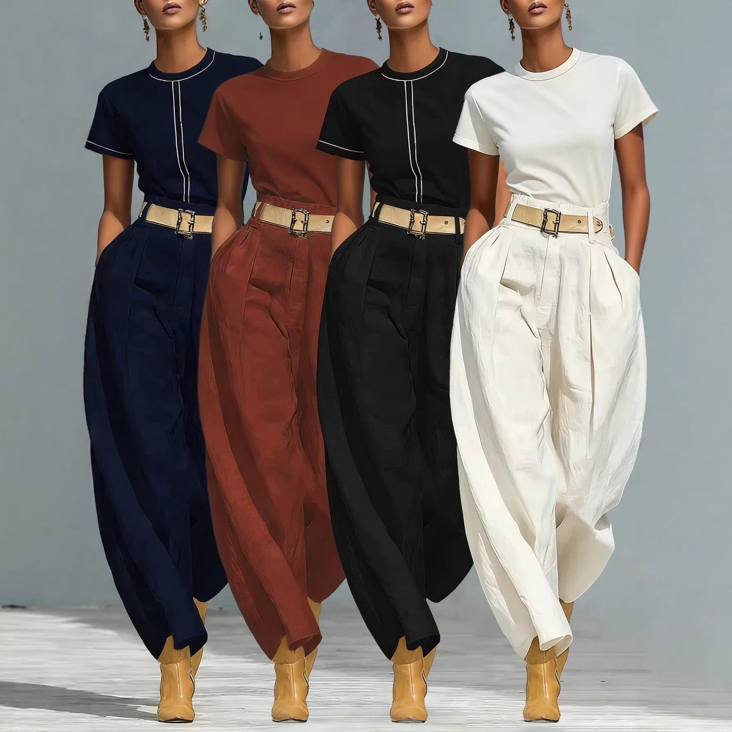 Damen Bundfaltenhose Locker Passform Verstellbarer Gürtel Schwarz - Norvielle