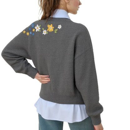 Damen Pullover Lässig Florales Stickdesign Weite Passform Norvielle