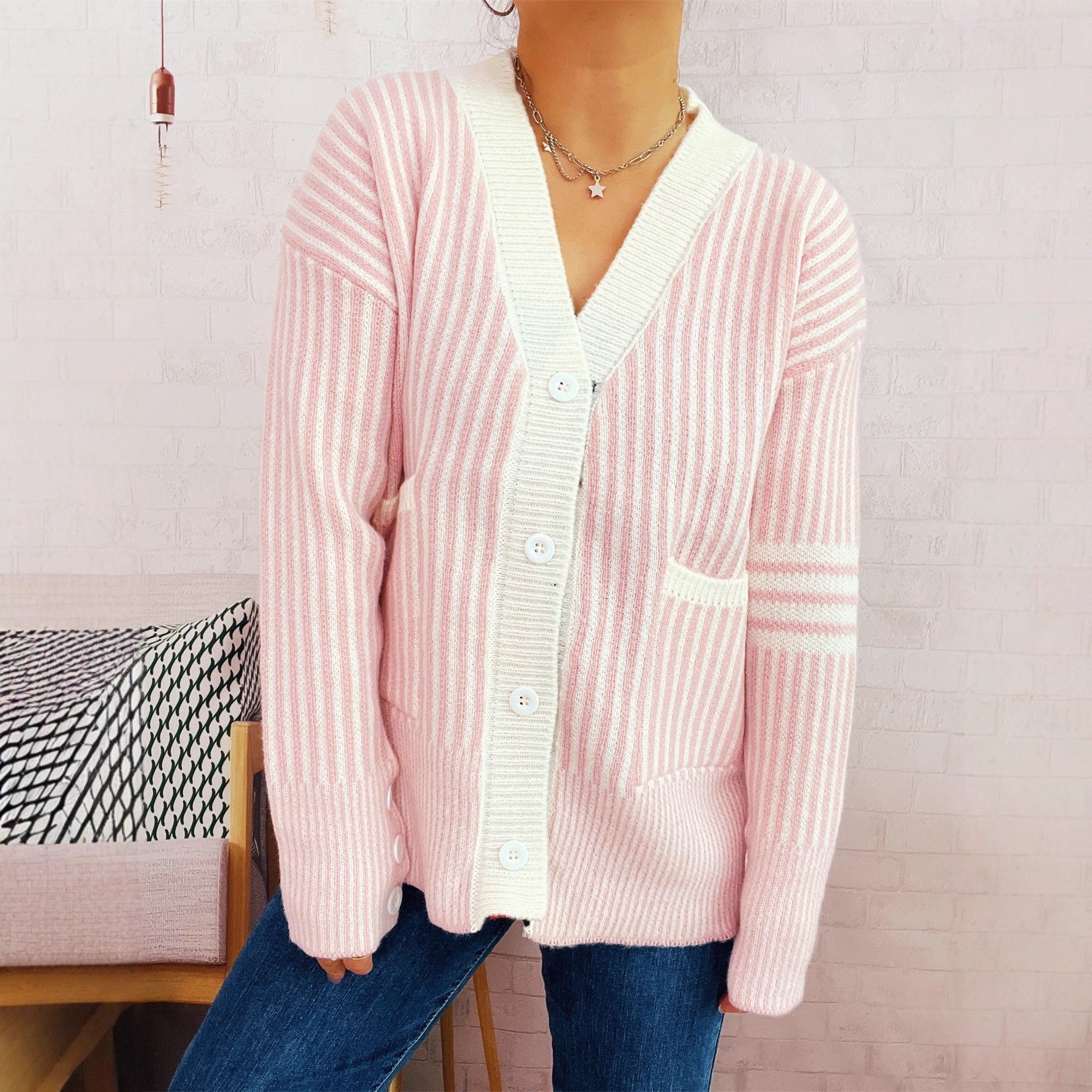 Damen Strickcardigan Streifenmuster mit Taschen und Knöpfen Beige - Norvielle