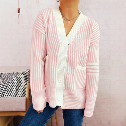 Damen Strickcardigan Streifenmuster mit Taschen und Knöpfen Beige - Norvielle