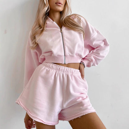 Damen Sport-Loungewear-Set Cropped Hoodie Lässige Shorts - Norvielle