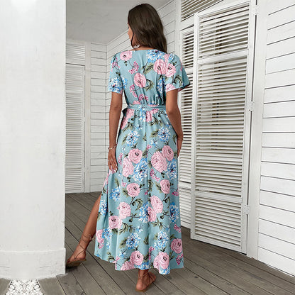 Damen Maxikleid Floralmuster Elegantes Wickeldesign