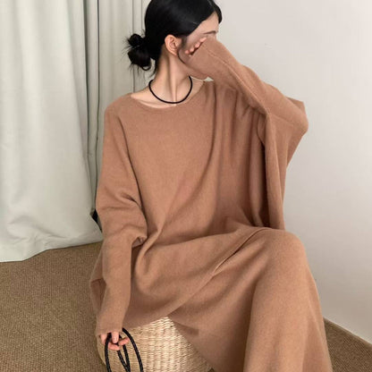 Damen Strickkleid Oversized Lässiger Schnitt Weite Ärmel Beige - Norvielle