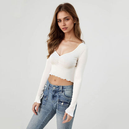 Damen Langarmshirt Rüschensaum Cropped Grün