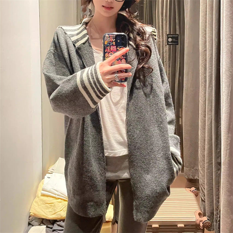 Damen Cardigan gestreift Ärmelabschluss Schwarz - Norvielle