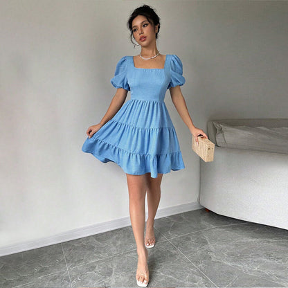 Damen Kleid Puffärmel Gestufter Saum Norvielle