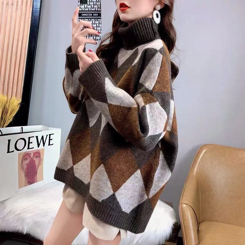 Damen Gemusterter Pullover Hochkragen Norvielle