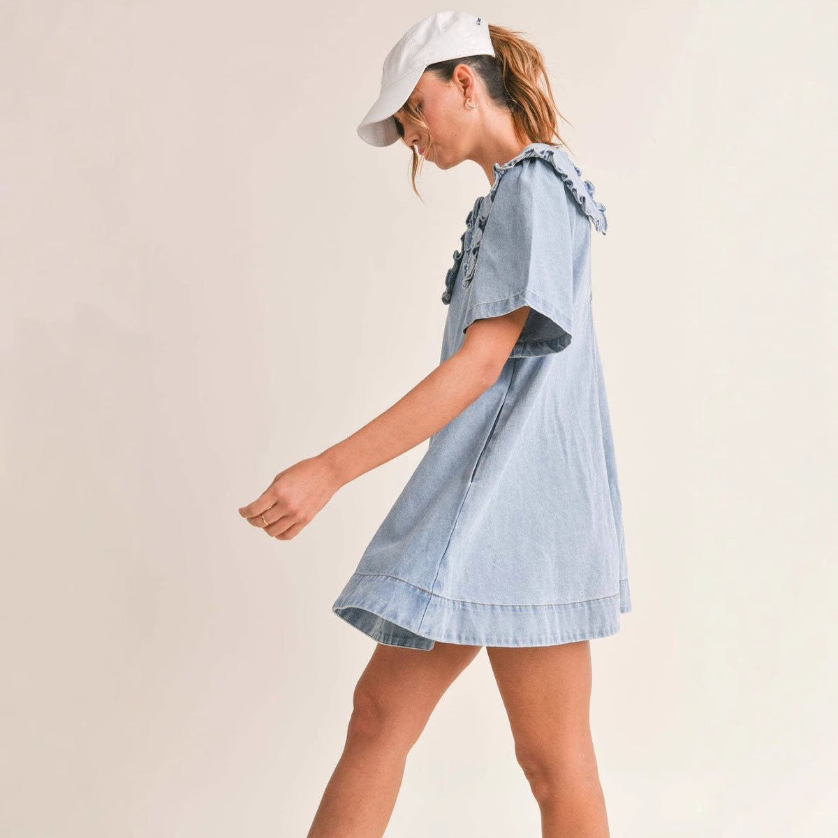Damen Denimkleid Voluminöser Kragen Rüschendetails