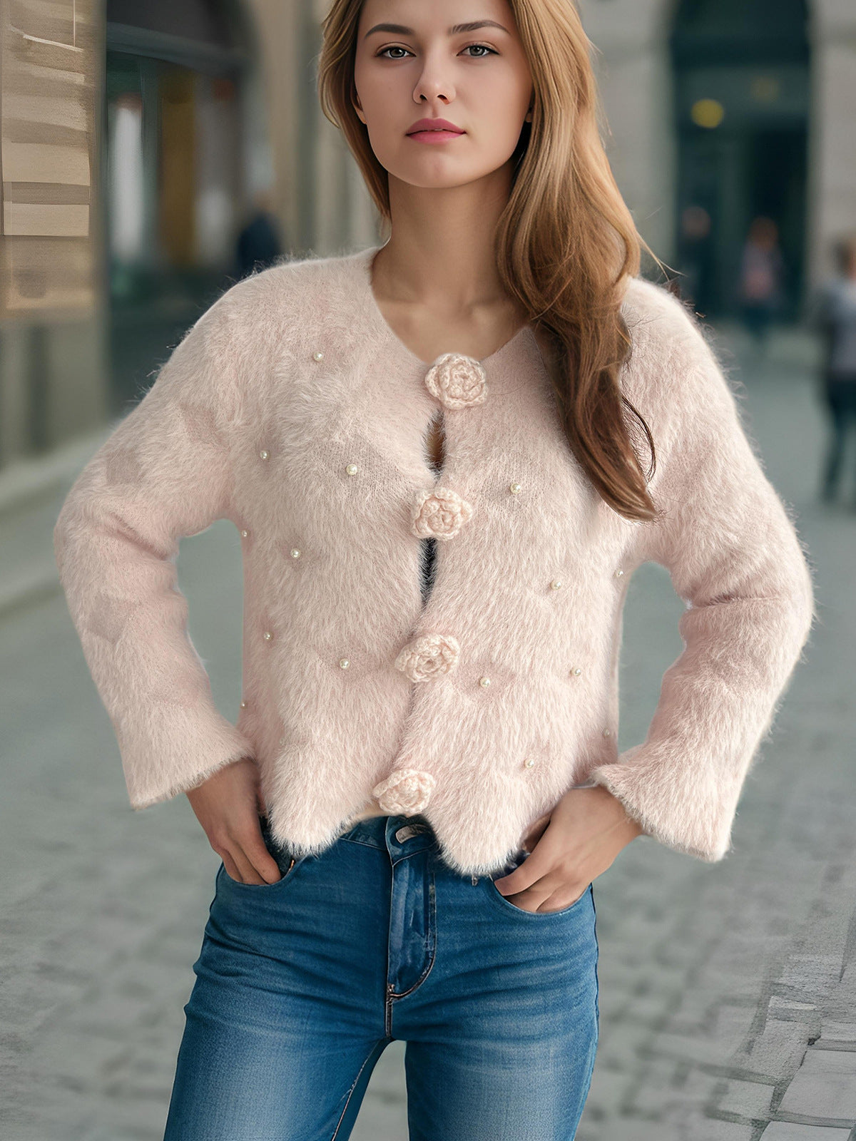 Damen Strickjacke Blumenapplikationen Perlenakzente Norvielle
