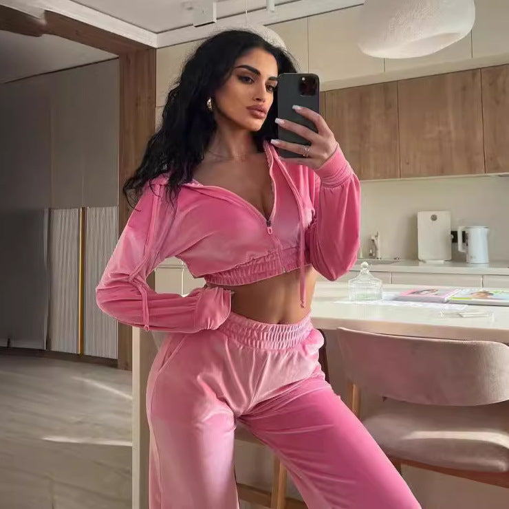 Damen Fleece-Loungewear-Set Hochtailliert Reißverschluss Norvielle