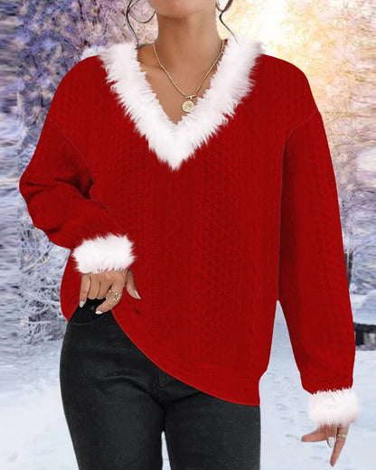 Damen Strickpullover V-Ausschnitt Kontrastpelzbesatz Norvielle