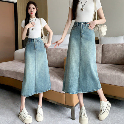 Damen Maxi-Rock Denim Seitenschlitz