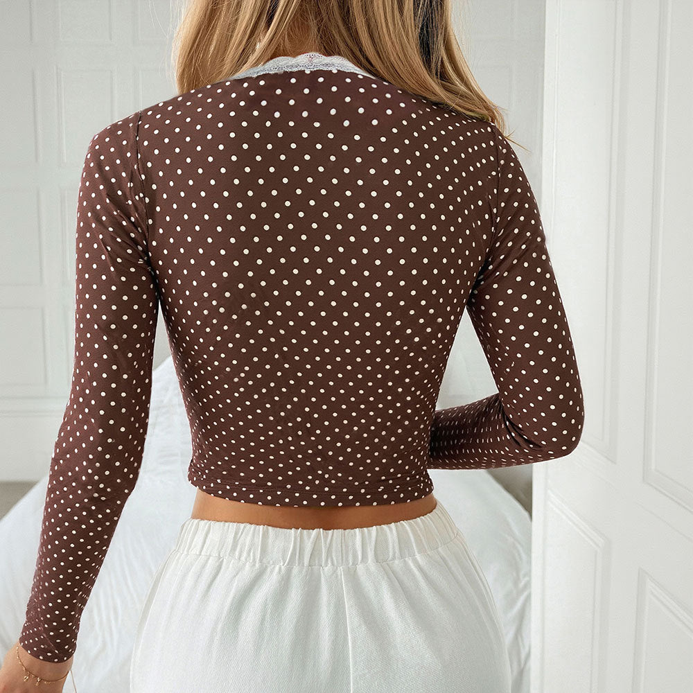 Damen Langarmshirt Spitze Knöpfe Weiß
