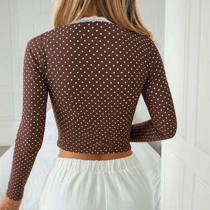 Damen Langarmshirt Spitze Knöpfe Weiß