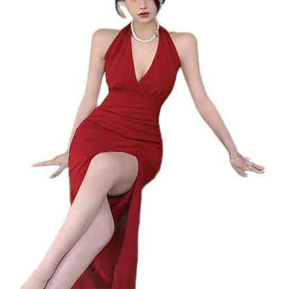 Damen Maxikleid V-Ausschnitt Seitenschlitz Elegantes Abendkleid